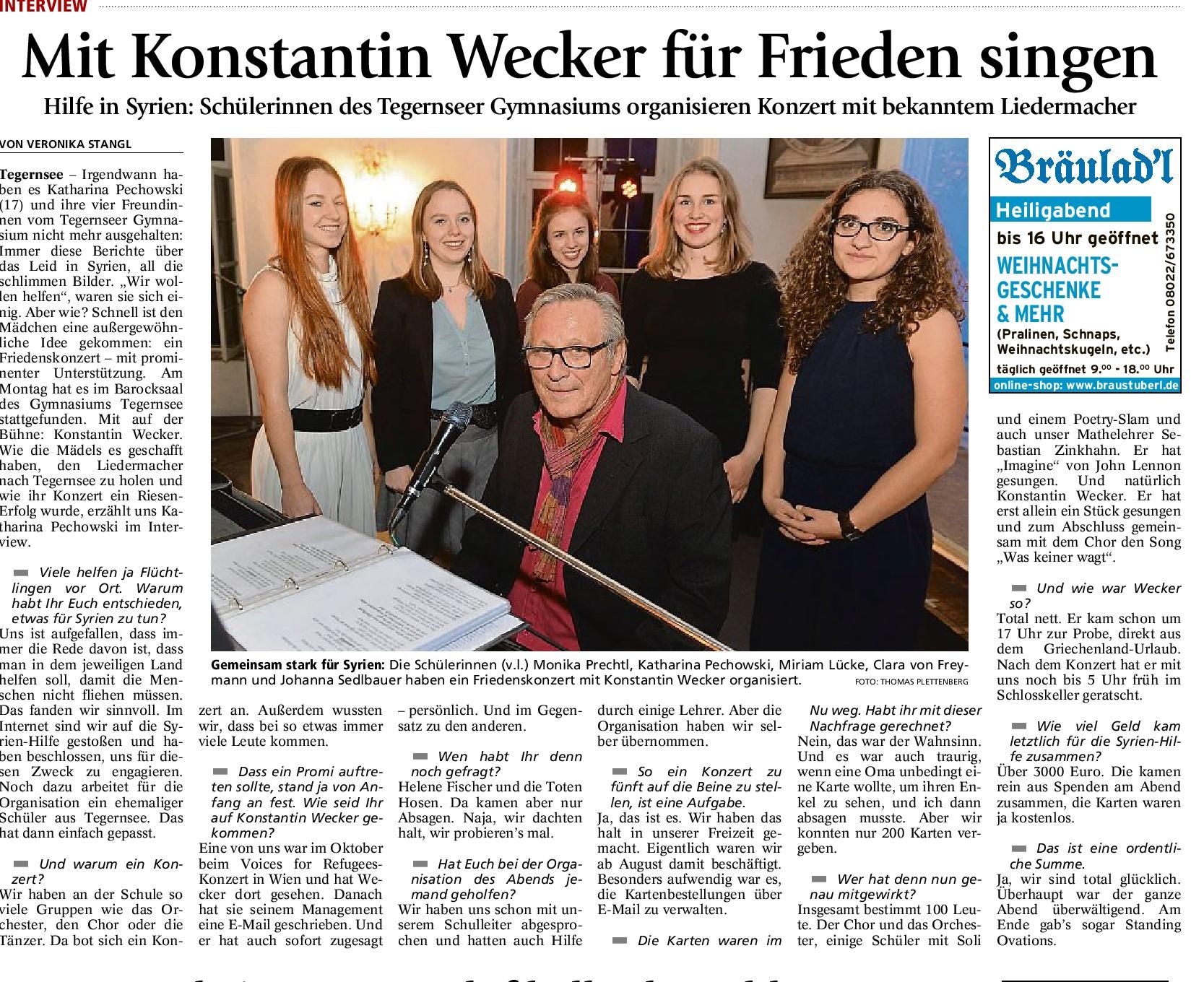 Bericht der Tegernseer Zeitung vom 23.12.2015
